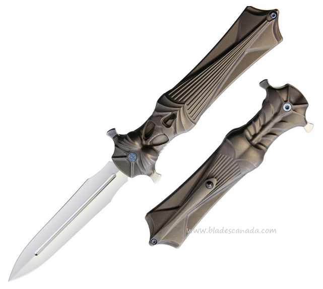Rike Amulet Flipper Folding Knife, M390 Double Edge, Titanium Gray, RKAMULETG